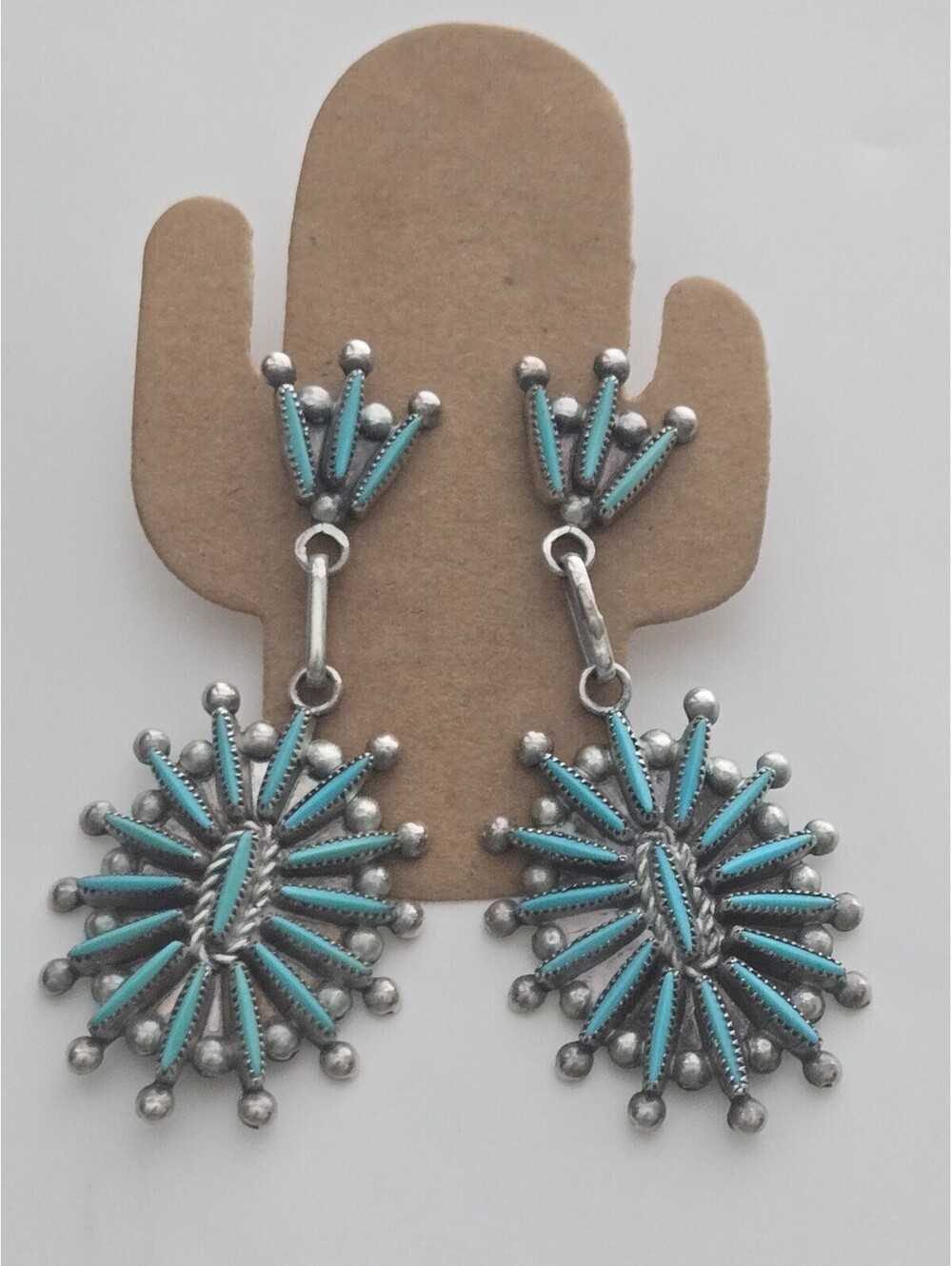 LC Waatsa Sterling Silver Zuni Turquoise Needlepoint Cluster Dangle Earrings